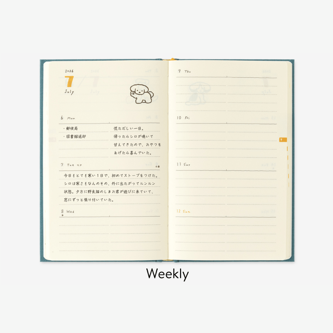 Agenda illustré Midori Book Style Diary 2026 | Chien Bleu vert - Midori - millenotes