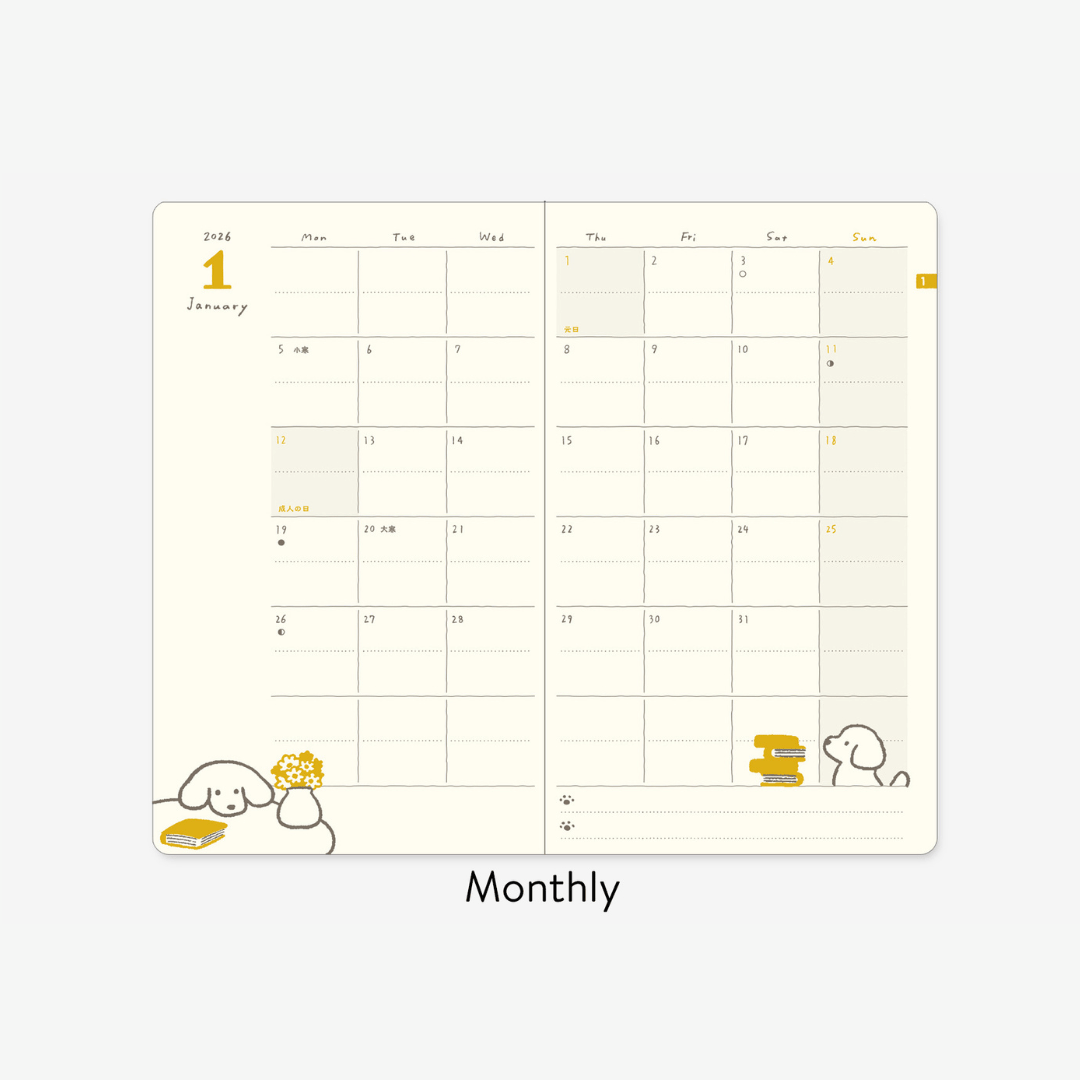 Agenda illustré Midori Book Style Diary 2026 | Chien Bleu vert - Midori - millenotes