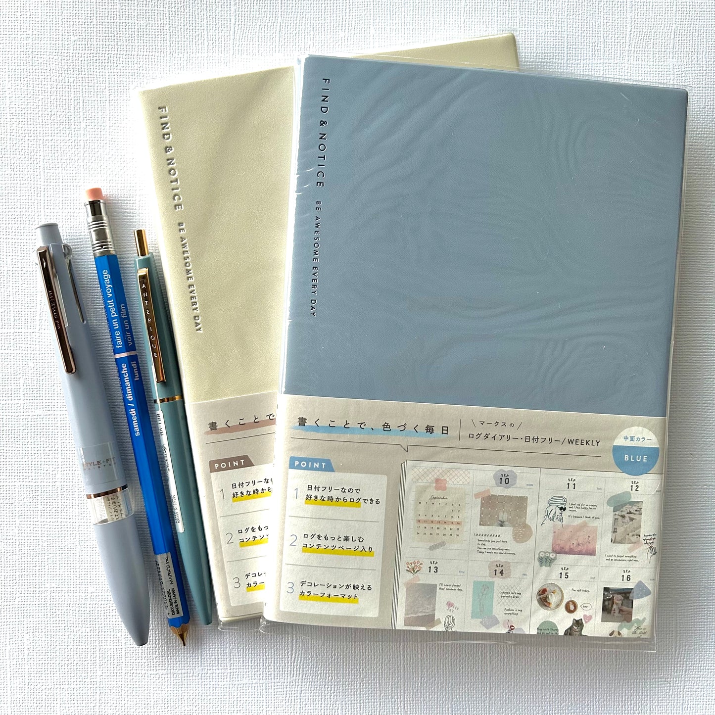 millenotes-mark-s-japan-log-diary-agenda-non-date-hebdomadaire-bleu-ivoire