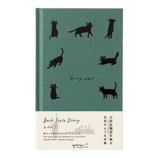 Illustrowany planer Midori Book Style Diary 2027 | Zielone koty