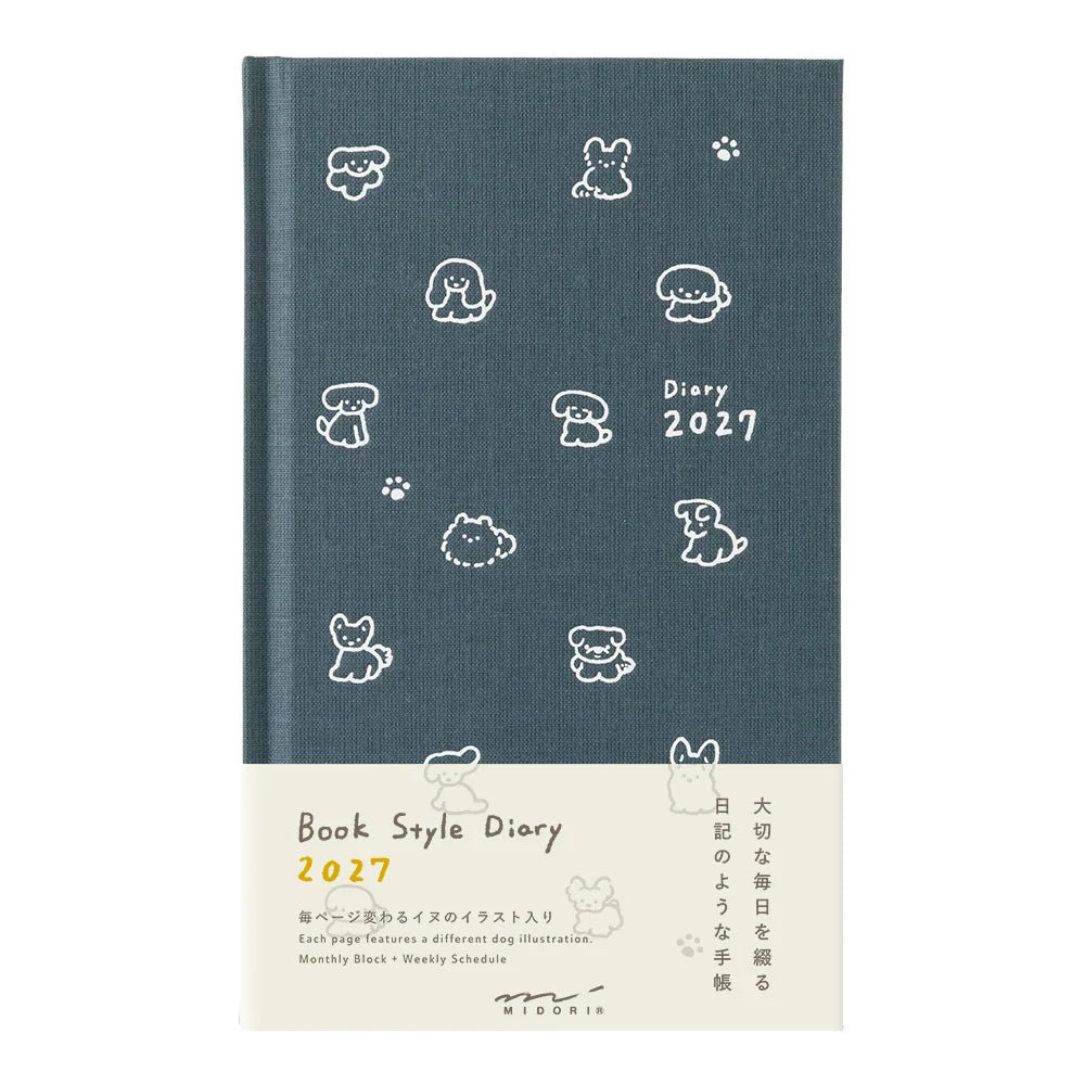 Illustrowany planer Midori Book Style Diary 2027 | Psy w kolorze granatowym