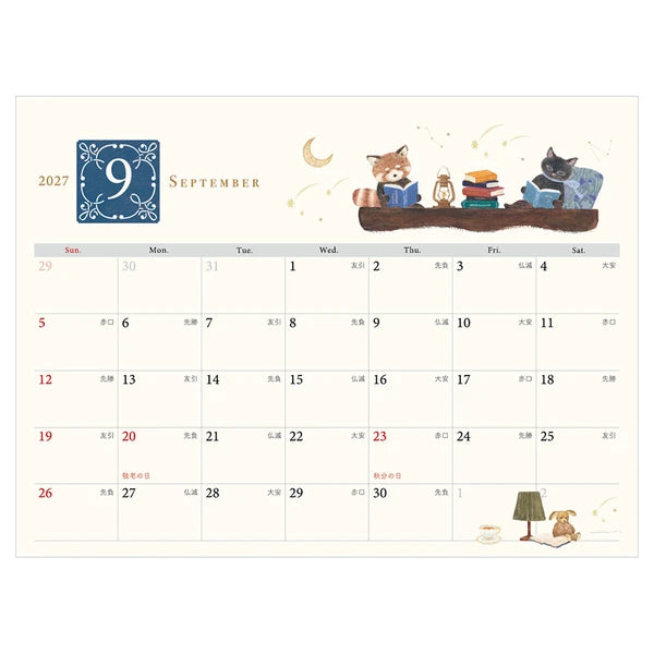 Japoński kalendarz biurkowy miesięczny 2027 | NB Japan | Czerwony panda i jego księgarnia