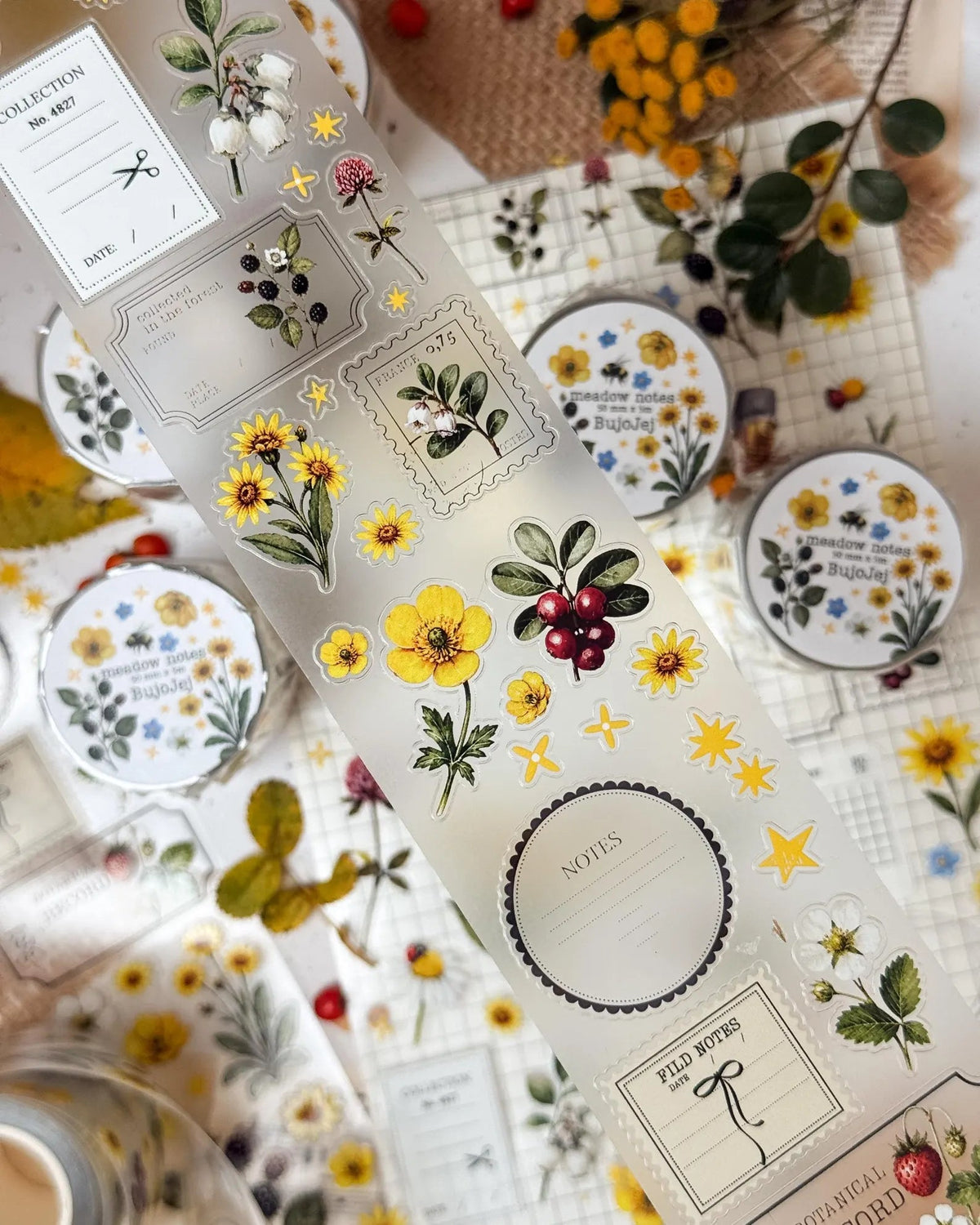 PET Kiss-cut masking tape | Bujojej | Yellow flowers - Bujojej - 5 m - rouleau complet - millenotes