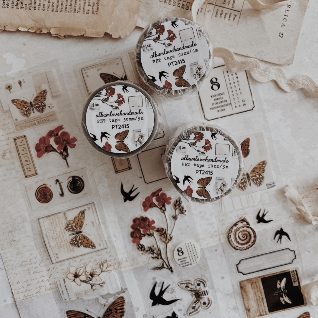 PET Kiss - cut masking tape | Collage floral rouge - AlbumHandMadeLove - 5 m - rouleau complet - millenotes