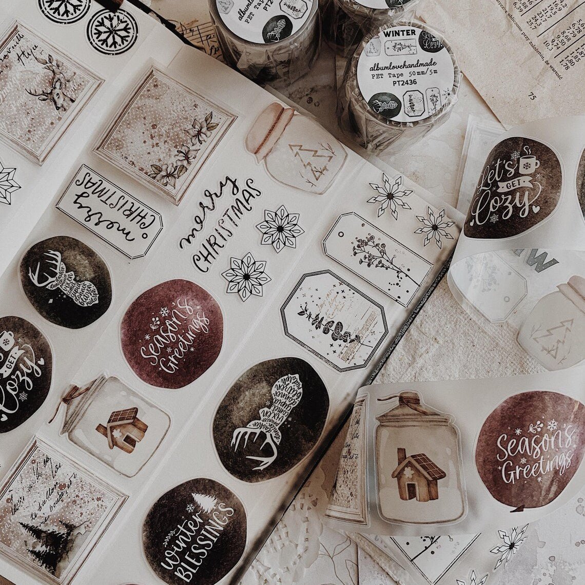 PET Kiss - cut masking tape | Hiver Vintage - AlbumHandMadeLove - 5 m - rouleau complet - millenotes