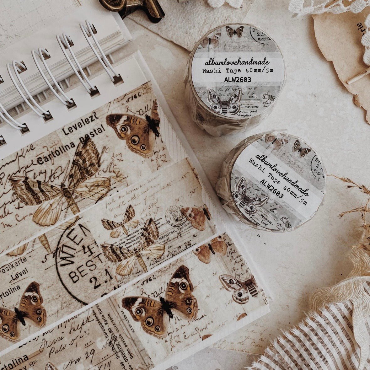 Washi masking tape | Papillons rétro - albumlovehandmade - 5 m - rouleau complet - millenotes