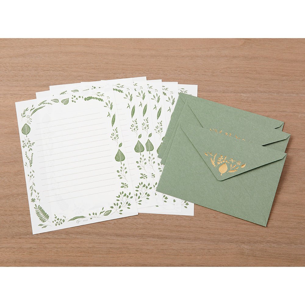 Papier à lettre et enveloppes motif doré | Feuilles - Midori - millenotes