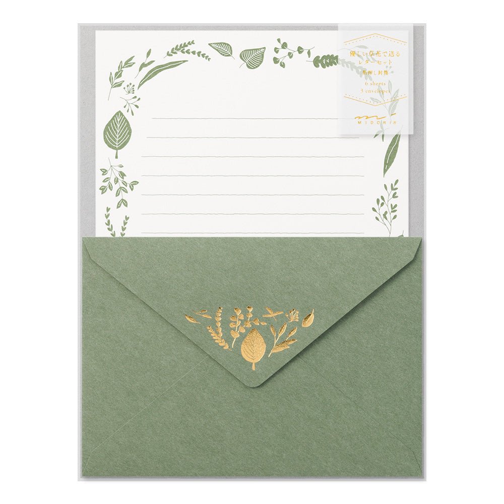 Papier à lettre et enveloppes motif doré | Feuilles - Midori - millenotes
