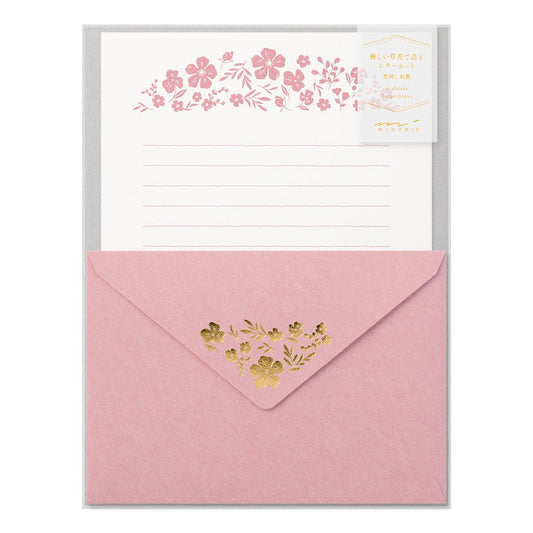 Papier à lettre et enveloppes motif doré | Fleurs - Midori - millenotes